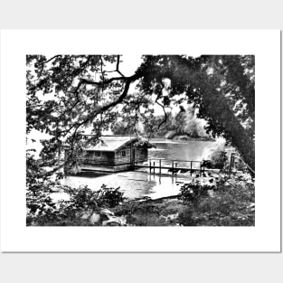 Black and White Boat House in a Lake Posters and Art